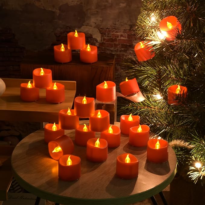 JOSU 24PCS Tea Lights Flameless Candles, Realistic Votive Tealight, Battery Operated Candles with Warm Light for Confession Propose Marriage Wedding Halloween Christmas Home Dinner Party Decor (Red)-VerdiqueGarden
