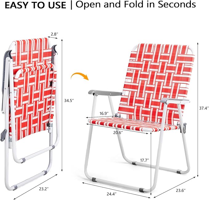 VINGLI Patio Lawn Webbed Folding Chairs Outdoor Beach Portable Camping Chair for Yard, Garden (2, Red, Oversized)-VerdiqueGarden