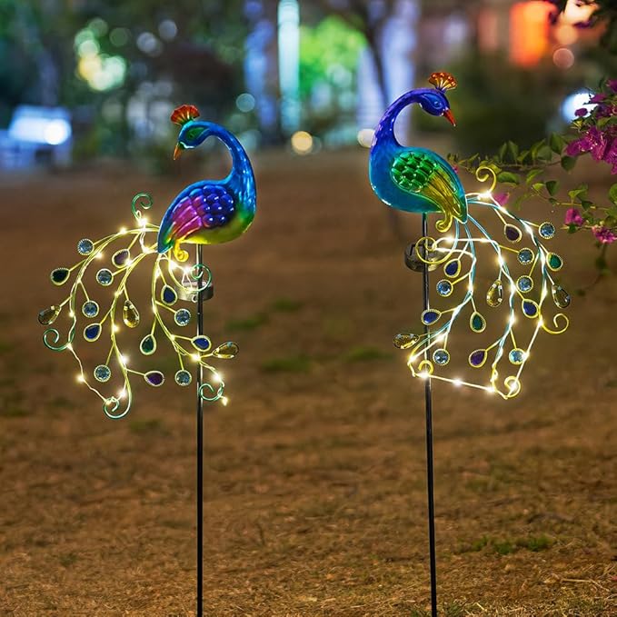 DREAMSOUL 2 Pack Peacock Solar Lights Outdoor, Waterproof Metal Peacock Outdoor Solar Lights for Yards Pathway Lawn Decoration Peacock Gifts-VerdiqueGarden