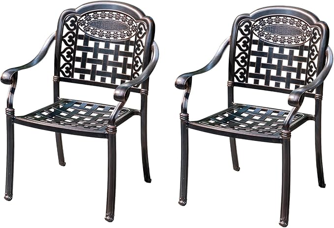 Outdoor Dining Chair Cast Aluminum Patio Chairs Set of 2 All-Weather Patio Dining Chair with Adjustable Feet for Backyard Garden (Square Lattice Chair)-VerdiqueGarden