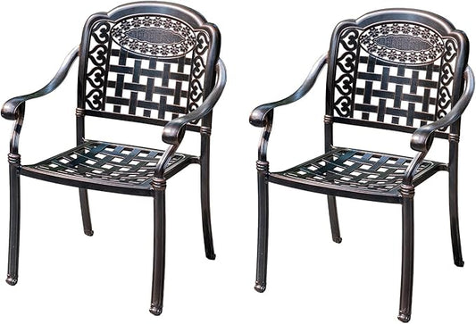Outdoor Dining Chair Cast Aluminum Patio Chairs Set of 2 All-Weather Patio Dining Chair with Adjustable Feet for Backyard Garden (Square Lattice Chair)-VerdiqueGarden