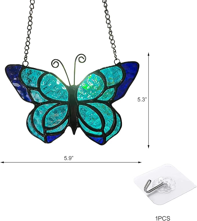 Blue Butterfly Suncatcher Stained Glass Window Hanging Panel Christmas Decor,Glass Butterfly Gift for Mom, Women 5.9×5.3Inch-VerdiqueGarden