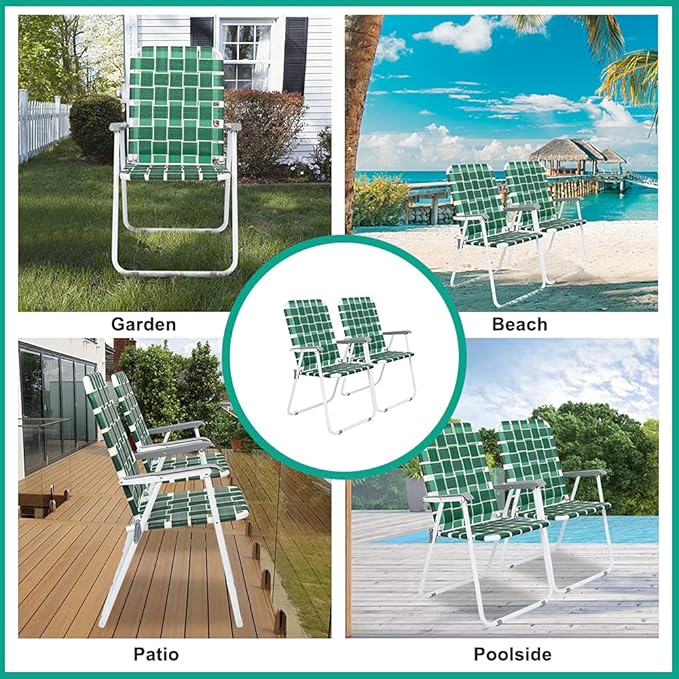 VINGLI Patio Lawn Webbed Folding Chairs Set of 4, Outdoor Beach Chair Portable Dining Chair for Outdoor Yard, Garden (Dark Green, Classic)-VerdiqueGarden