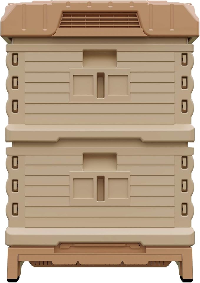 Ergo Insulated 10 Frame Bee Hive Set [NO Frames Included] (Double Deep, Tan Body Yellow Entrance)-VerdiqueGarden