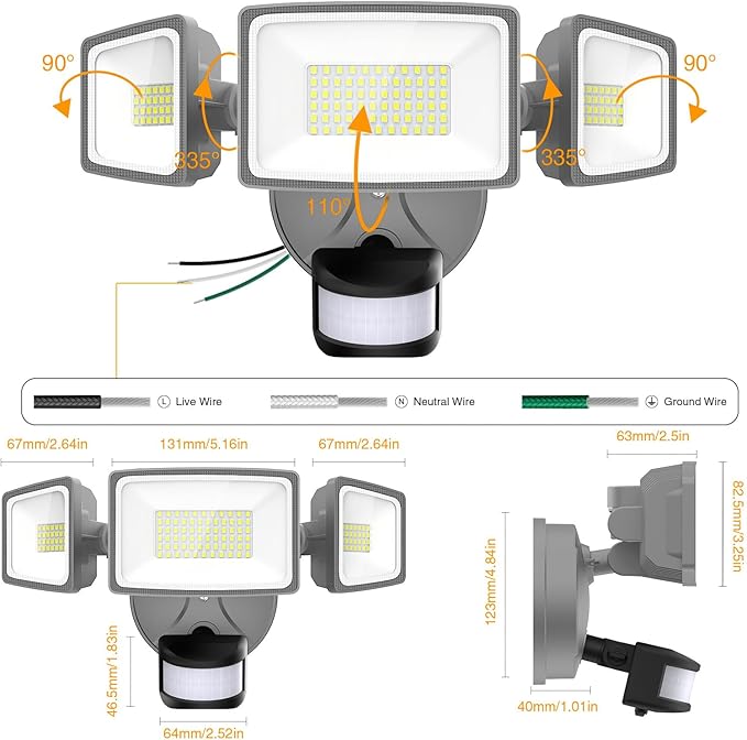 Onforu 65W LED Security Lights Motion Sensor Light Outdoor, 6500LM, 6500K, IP65 Waterproof, Flood Light Outdoor Motion Detector with Adjustable 3 Head, Hardwired Wall Light for Entryway, Yard (Gray)-VerdiqueGarden