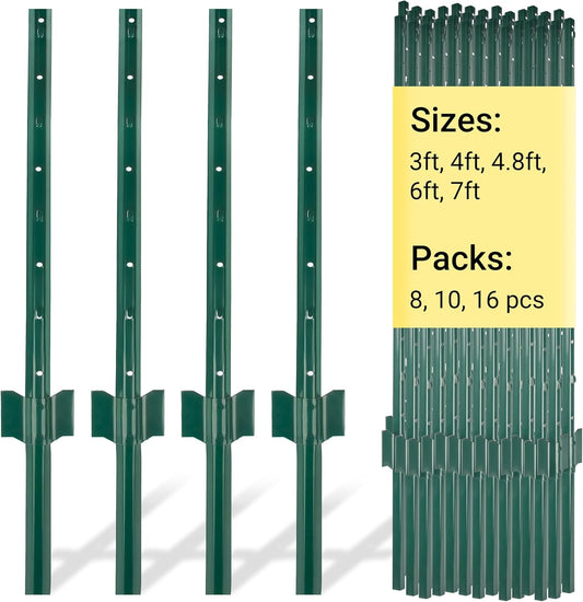 Fence Post 4 FT - 10 Packs, Metal Heavy Duty U Posts, Powder-Coated for Long-Lasting Use, Perfect for Holding Wire &Plastic Mesh, Corner Anchors, Green-VerdiqueGarden