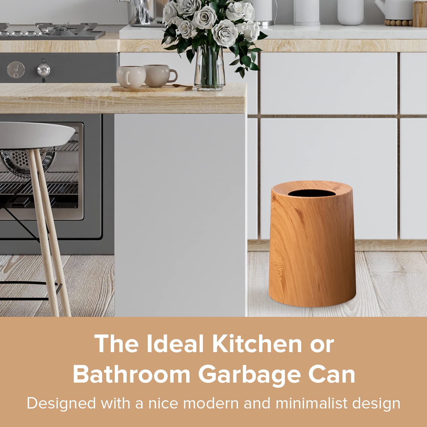 Anti Spill Nordic Wood Grain Look Waste Basket - Kids Pet Proof Garbage Container - Safer & Cleaner Indoor Outdoor Trash Can 3.2Gal - Patio Yard Entry Garbage Can - Round Modern Design 10"x10"x12"-VerdiqueGarden