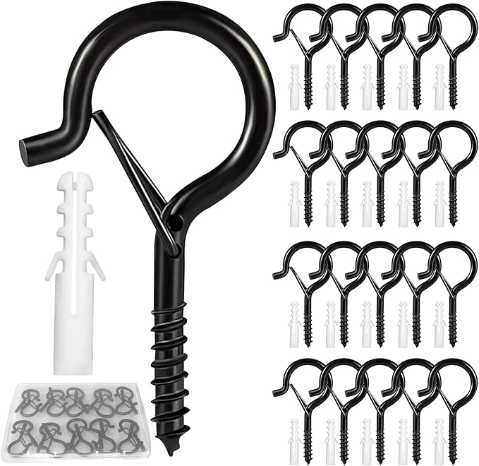 Hooks for Outdoor String Lights, 20 Pack Cup Screw Hooks for Hanging Plants Fairy Led Party Christmas Lights Garage Wind Chimes Black Q Hanger with Safety Buckle Design Easy to Release-VerdiqueGarden