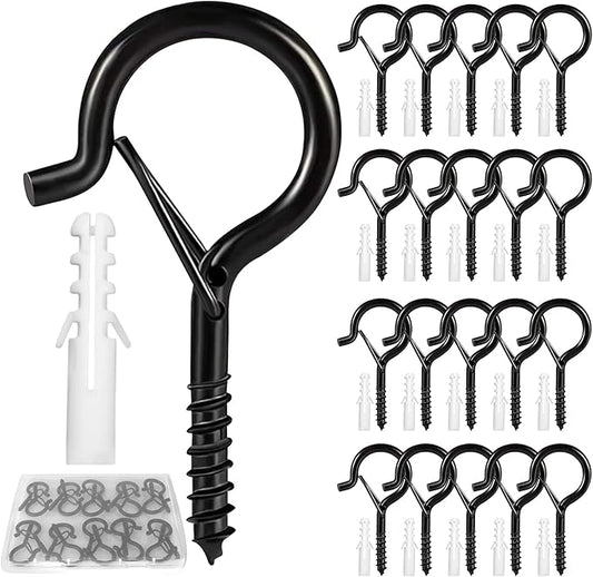 Hooks for Outdoor String Lights, 20 Pack Cup Screw Hooks for Hanging Plants Fairy Led Party Christmas Lights Garage Wind Chimes Black Q Hanger with Safety Buckle Design Easy to Release-VerdiqueGarden