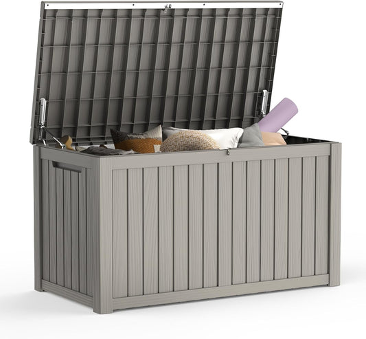 Mars Villa 180 Gallon Outdoor Storage Box, Large Resin Deck Box Waterproof, Storage Bin for Outside Patio Furniture Cushions, Pool Supplies, with Hydraulic Hinge, UV Resistant and Weatherproof, Greige-VerdiqueGarden
