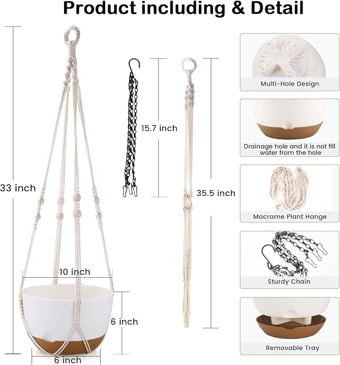 10 Inch Hanging Planter, 2 Pack Hanging Plant Self Watering Pot with Drainage Holes and Saucers, Hanging Baskets Flower Pots with Macrame Rope Hangers for Garden Home -White-VerdiqueGarden