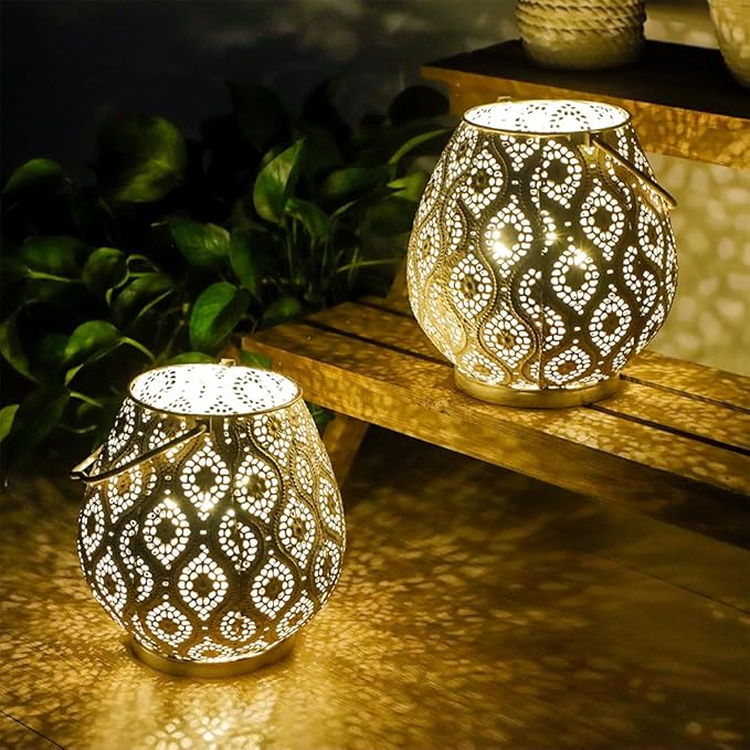 TRIROCKS Set of 2 Moroccan Decorative Lamps 8'' High Battery Powered Cordless Lamp Metal Table Lamps with Fairy Lights Bulb for Home Living Room Garden Yard Party Events Tabletop Indoor Outdoor(White)-VerdiqueGarden