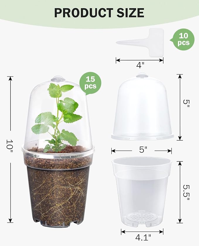 homenote Clear Nursery Pots for Plants,5 Inch Plant Pot for Planting with Humidity Domes Plastic Seedling with Drainage Holes Seed Starter Flower High Transparency (15 Pack)-VerdiqueGarden