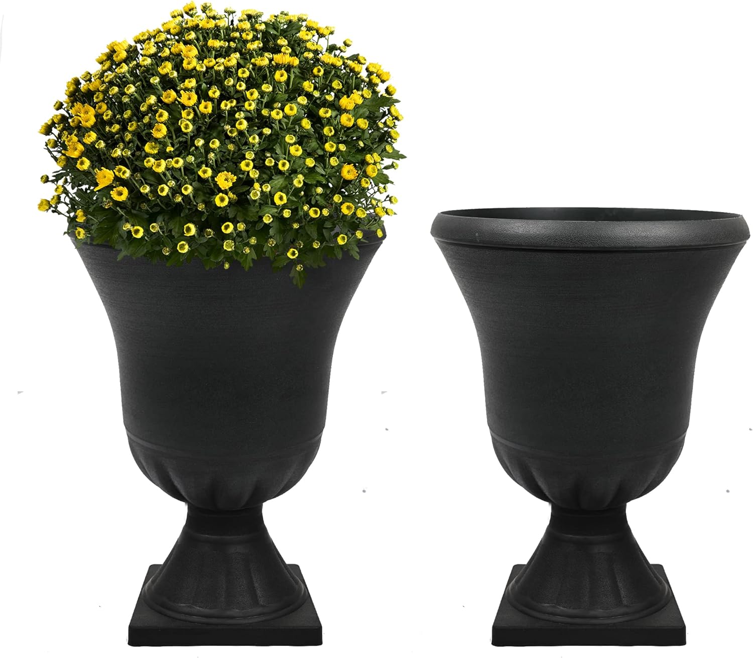 Worth Garden 2-Pack Plastic Urn Planters for Outdoor Plants, 22'' Black Tall Round Classic Resin Traditional Flower Pots - 15 in. Dia. Large Imitation Stone Decorative Pot Patio Deck Front Porch-VerdiqueGarden