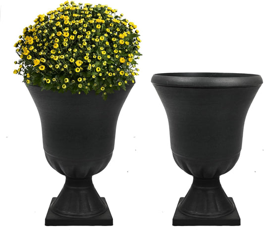 Worth Garden 2-Pack Plastic Urn Planters for Outdoor Plants, 22'' Black Tall Round Classic Resin Traditional Flower Pots - 15 in. Dia. Large Imitation Stone Decorative Pot Patio Deck Front Porch-VerdiqueGarden