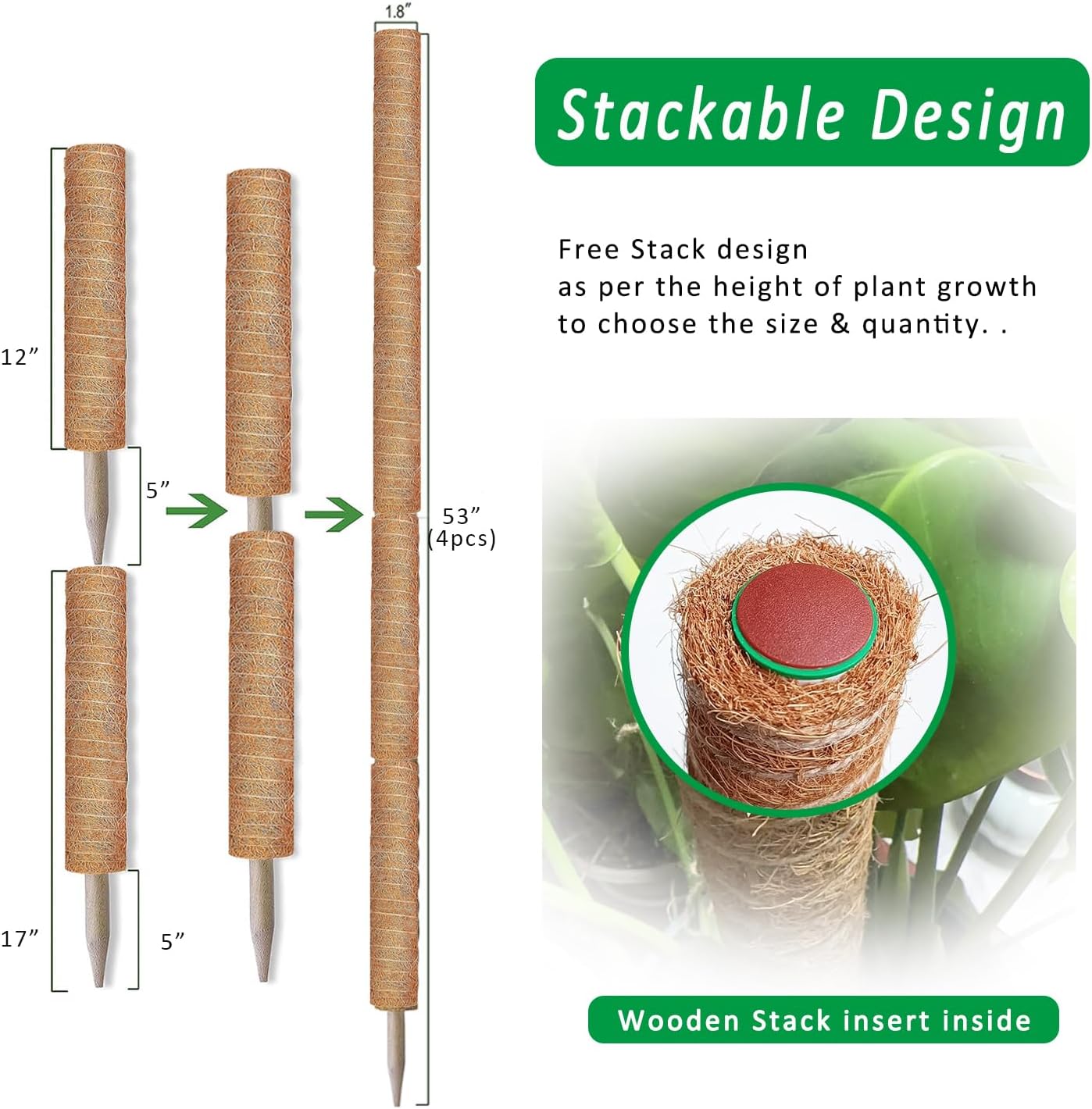 Moss Pole, 4 Pack 17Inch Monstera Plant Support for Climbing Plants Accessories Indoor -Stackable Moss Poles Plant Support Stakes -Coir Plant Pole Sticks for Potted Plants -Pothos, Tall Plant Trellis-VerdiqueGarden