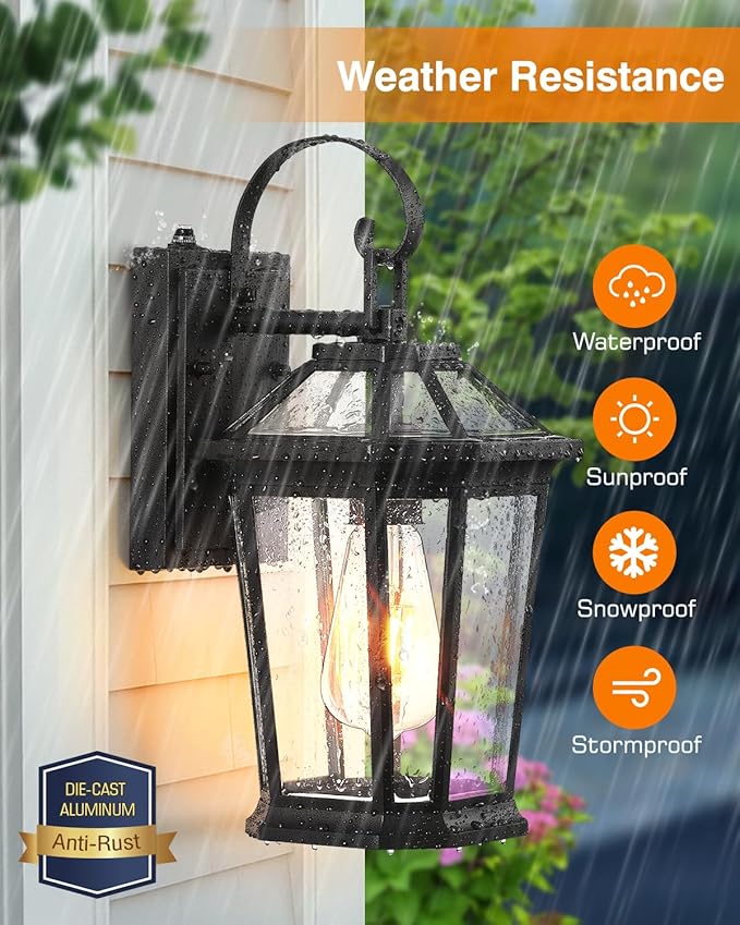 VIANIS Dusk to Dawn Outdoor Wall Lighting, Exterior Light Fixture Wall Mount for House Front Porch Light, Black Anti-Rust Aluminium Modern Outside Coach Lantern with Tempered Glass Shade for Garage-VerdiqueGarden