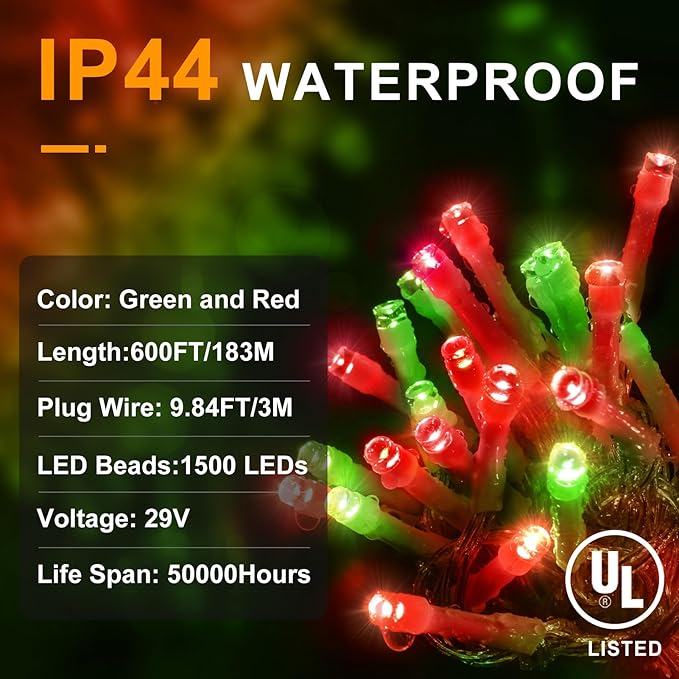 KNONEW 600ft 1500 LED String Lights Outdoor Christmas Lights 8 Modes & Timer Fairy Light Plug in Waterproof LED String Lights for Xmas Yard Tree Wedding Party Holiday Decorations (Red and Green)-VerdiqueGarden
