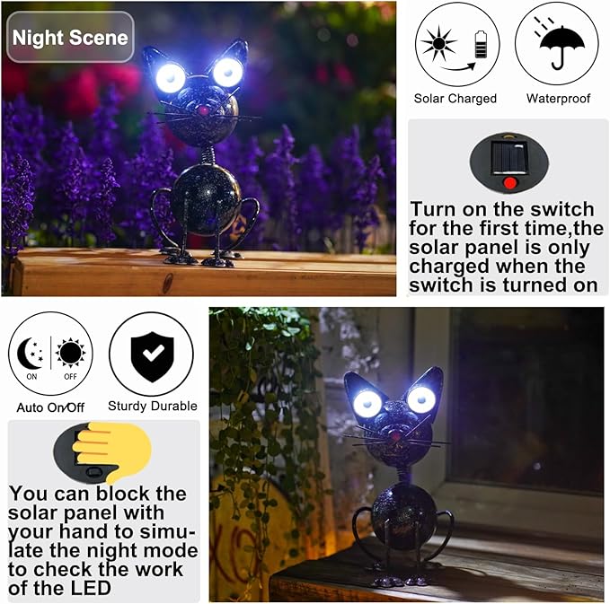 Black Cat Metal Yard Art Statue Light,Garden Outdoor Black Cat Statue Light Decoration,The for cat Lovers.(Black Cat)-VerdiqueGarden