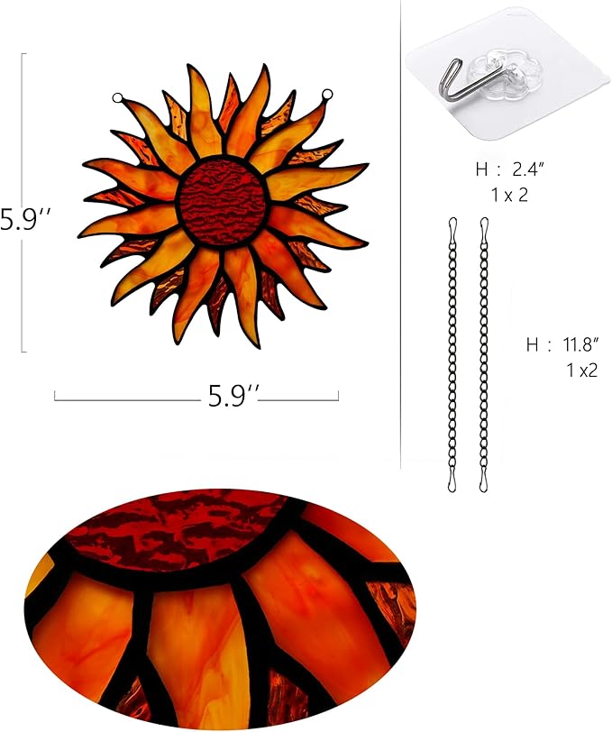 BOXCASA Sun Stained Glass Window Hangings,Tiffany Style Red Sun Suncatcher,Handcrafted Stained Glass Sun Decor for Window,Home Decorations for Window Living Room Bedroom Balcony Kitchen-VerdiqueGarden