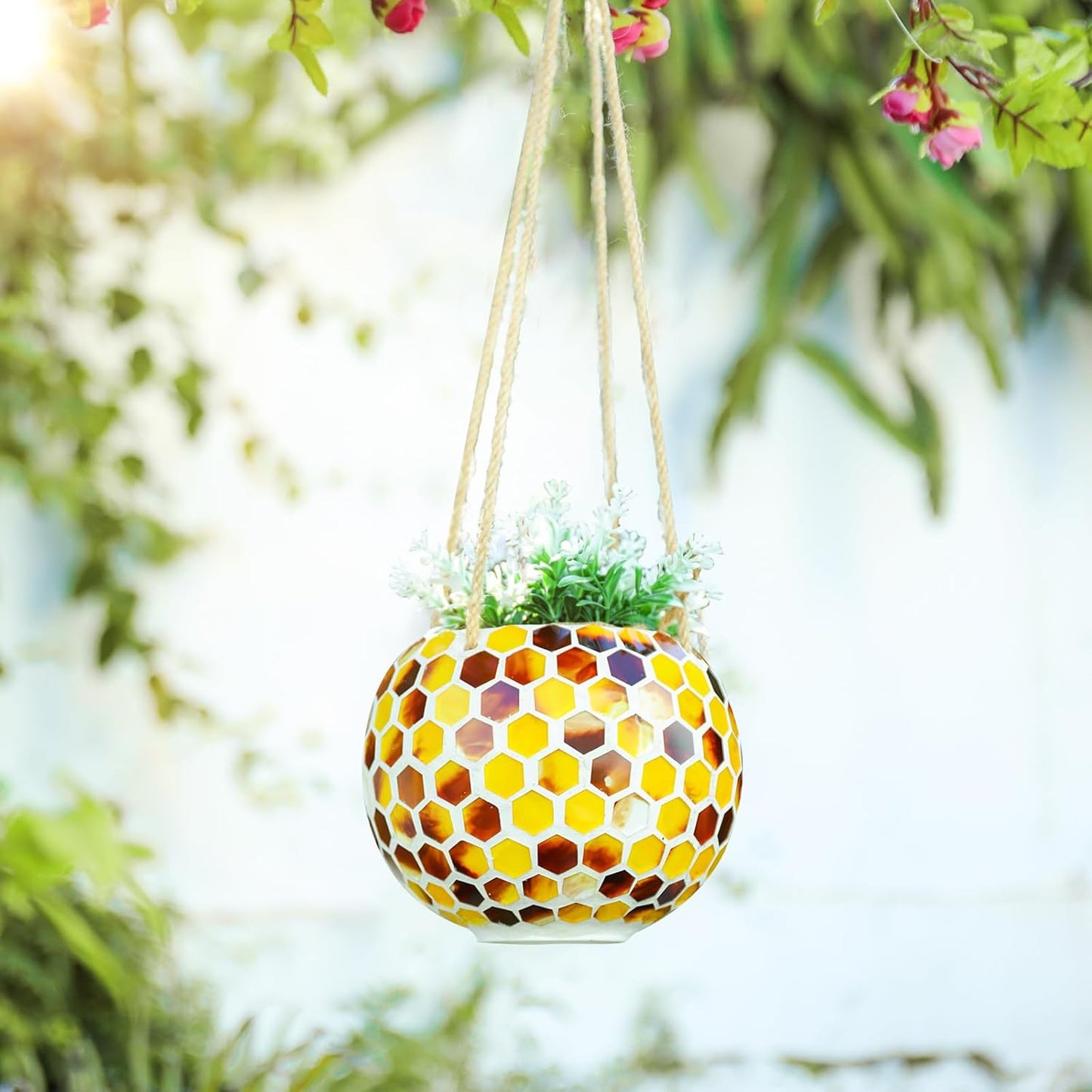Hanging Planter Mosaic Garden Pot Small Flower Pot for Indoor Plant Disco Ball Hanging Planter with Drainage Yellow Bee-VerdiqueGarden