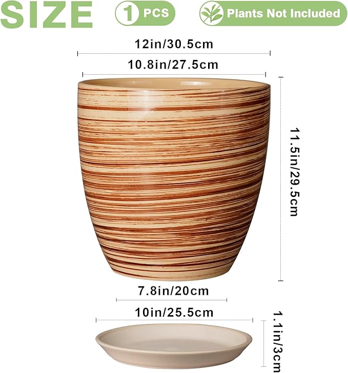 12 Inch Planter Pot Ceramic Plant Pots for Plants with Drainage Hole and Saucer Large Flower Pot for Home Patio Garden Office Yellow-VerdiqueGarden