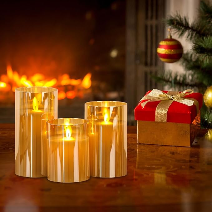 Glass Flickering Flameless Candles with Remote Timer, LED Pillar Candles Battery Operated with 3D Realistic Wick, Real Wax Fake Candles Home Decor for Wedding Festival Party(Gold)-VerdiqueGarden