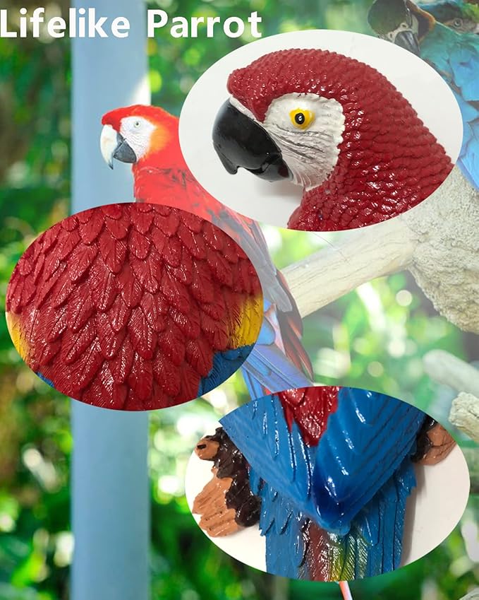 2Pcs Large Resin Parrot Decor Statues Lifelike Hawaiian Tropical Birds Decor, 12.5" Fake Parrot for Tiki Decoration Outdoor Garden Tree Wall Pool Macaw Statues Bird Lover Ornament Gifts(Blue and Red)-VerdiqueGarden
