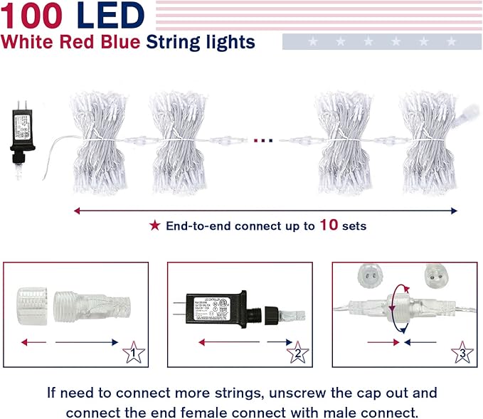 JMEXSUSS 4th of July Decorations Red White and Blue Lights, 33ft 100 LED String Light Indoor Plug-in, 8 Modes Patriotic 4th of July Lights for Indoor Outdoor Independence Day American Flag Holiday-VerdiqueGarden