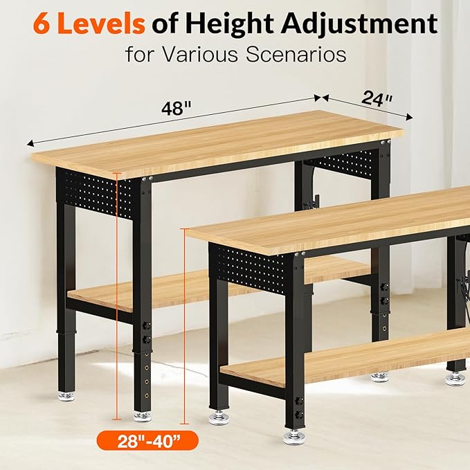 48“ Adjustable Height Workbench Work Bench for Garage Work Table with Under Table Shelf Heavy Duty Rubber Wood Top for Shop Woodworking, Office, Home, Commercial-VerdiqueGarden