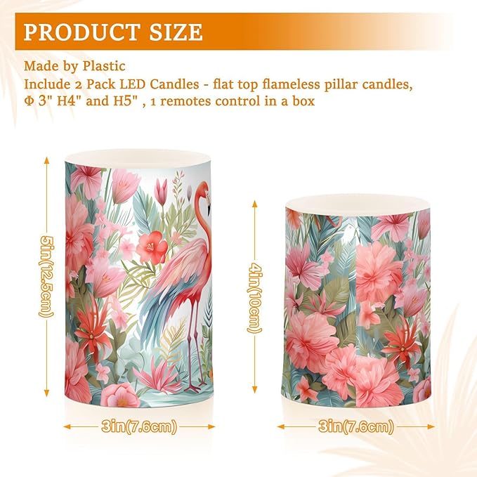 Flickering Flameless Candles, Pink Flamingo Print LED Candles with Remote Timer, Set of 2 Battery Operated Candle for Valentine Wedding Birthday-VerdiqueGarden