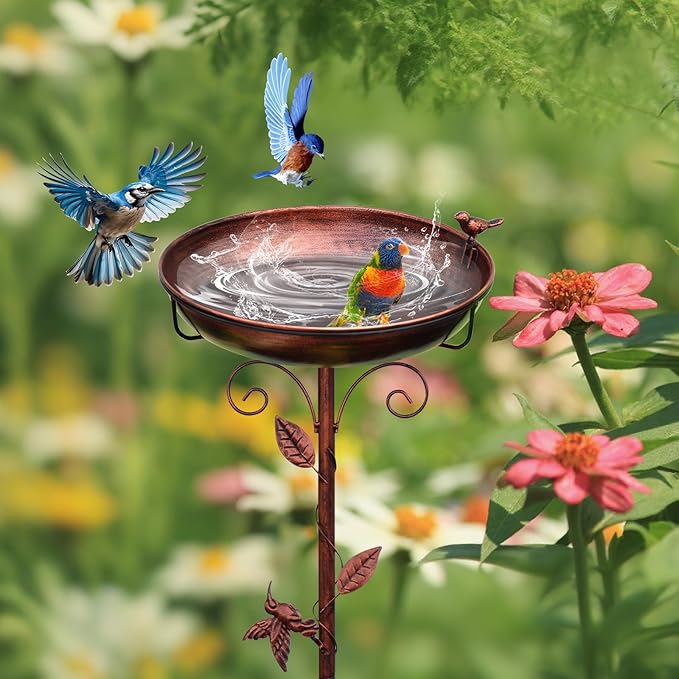 Metal Bird Bath for Outside with 2 Bird Decor, Hummingbird on Pole & Sparrow on Bowl, 38.5 Inch Height Garden Birdbath, 12 Inch Antique Bronze Freestanding Birdfeeder Bath for Yard Patio-VerdiqueGarden