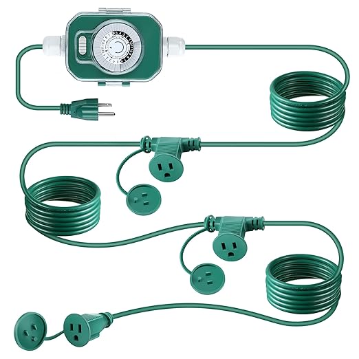 Feekoon 20 FT Extension Cord Splitter with Timer and 3 Outlet Plug, 16awg SJTW Outdoor Extension Cord with Multi Outlet Safety Cover for Holiday Lights Garden Patio Christmas Outdoor Decorations-VerdiqueGarden