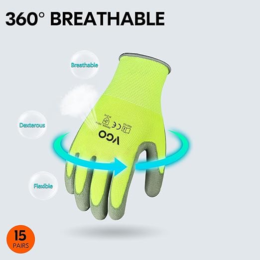 Vgo... 15-Pairs Safety Work Gloves, Gardening Gloves, Polyurethane Coated, Dipping Gloves, Latex Free (Size M, Yellow, PU2103)-VerdiqueGarden
