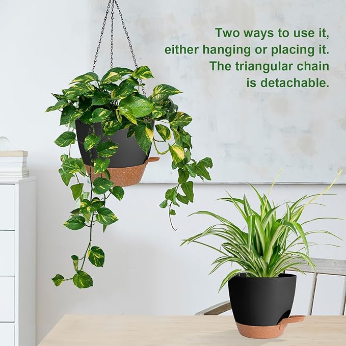10/9/8 Inch Hanging Planter for Indoor Outdoor Plants, 3 Pack Self-Watering Hanging Pot with Drainage Holes Hanging Planter Baskets Plant Pots with Removable Tray (Black+Brown)-VerdiqueGarden