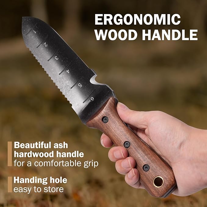 Hori Hori Garden Knife, Garden Tools with Sheath for Weeding,Planting,Digging, 7" Stainless Steel Blade with Cutting Edge, Full-Tang walnut Wood Handle with Hanging Hole-VerdiqueGarden