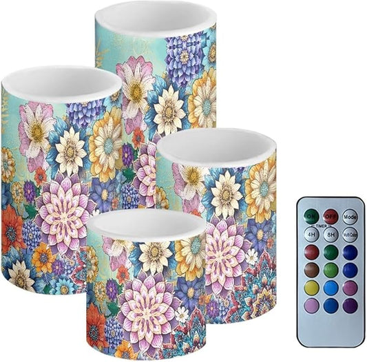 Flameless LED Candles Electric Candles with Remote Timer Control Long Lasting Pillar Candles Tealights Bohemian Style Home Outdoor Decoration Pack of 4, Boho Flower Purple Blue-VerdiqueGarden