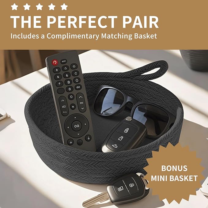 125L Extra Large Blanket Basket, 25" x 16", Jumbo Laundry Woven Baskets Decorative Home, Cotton Rope Basket with Handles, Baby Toy Baskets for Storage, Black, 2PC-VerdiqueGarden