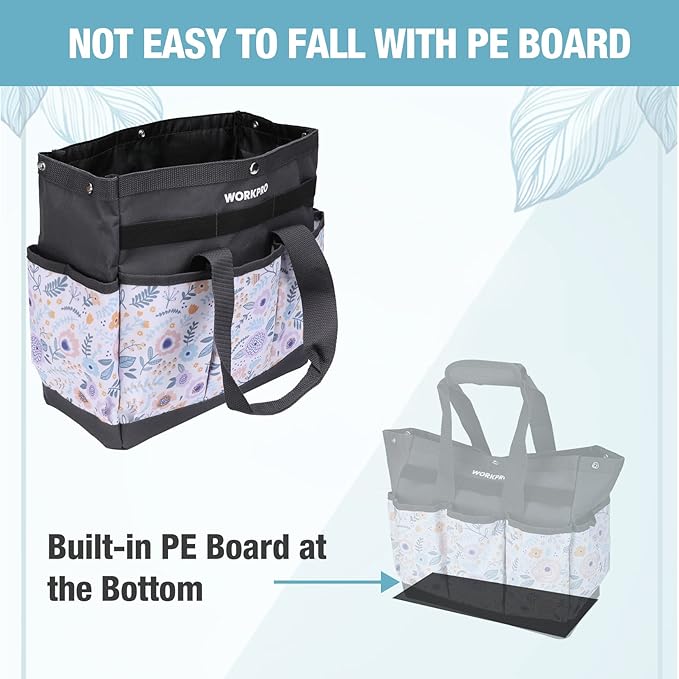 WORKPRO Garden Tool Bag, 9 Pockets Gardening Bag, Heavy Duty Oxford Garden Tote Caddy (Tools NOT Included), 12" x 12" x 6" (Floral White)-VerdiqueGarden