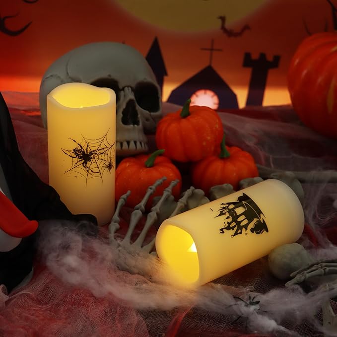 Halloween Outdoor Battery Operated Flameless Pillar Candles with Auto Daily Timer Waterproof Realistic Flickering Electric LED Lights with Spider Castle Decals Halloween Decorations 2 Pack 3X6”-VerdiqueGarden