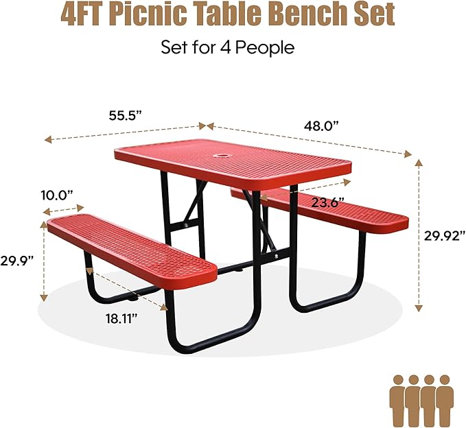 4FT Metal Picnic Tables for Outdoors, Commercial Rectangular Picnic Table and Bench Set for Outside, Patio, Garden, Backyard, Porch, Surface Mount, Red-VerdiqueGarden