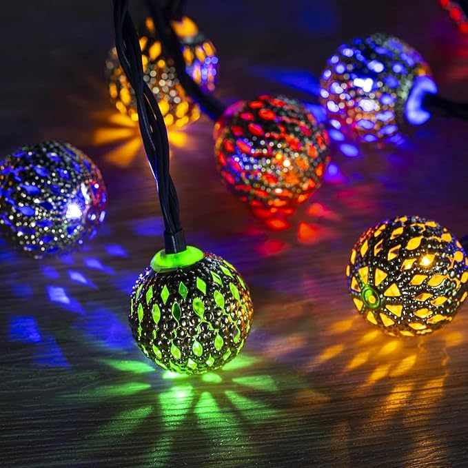 Solar Moroccan String Lights Outdoor 60 LED 36 Ft Globe Fairy Lights with 8 Lighting Modes, Waterproof Solar Powered String Lights for Garden Yard Gazebos Camping Party (Multicolor)-VerdiqueGarden