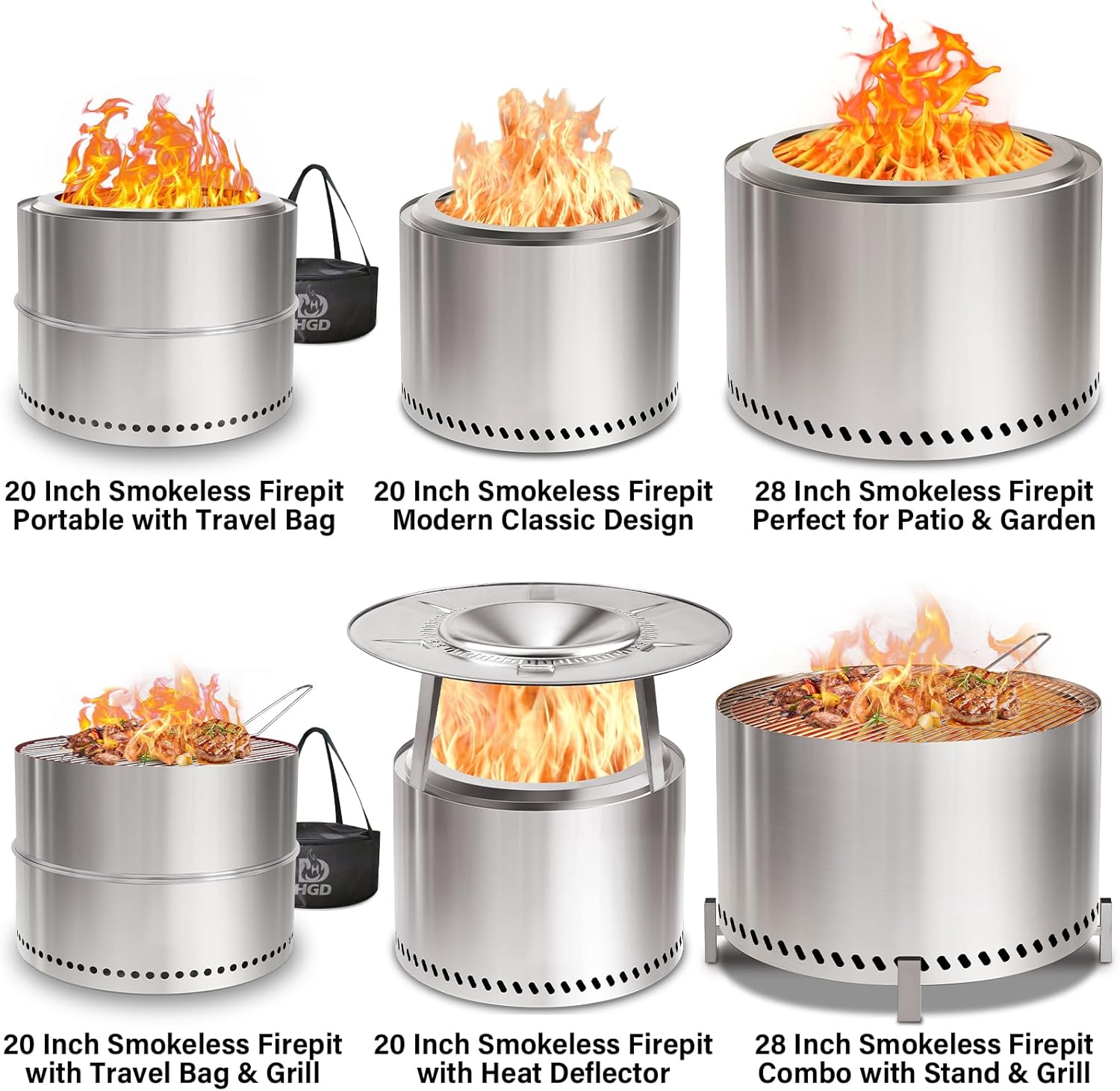 HGD 16 inch Smokeless Firepit, Stainless Steel Fire Pits, Smokeless Fire Pit for Outside with Carry Bag for Camping Backyard Patio Garden Picnic-VerdiqueGarden