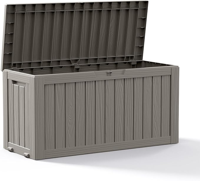 DRATO 75 Gallon Deck Box, Waterproof Resin Large Outdoor Storgae Box for Patio Furniture, Patio Cushions, Gardening Tools, Pool and Sports Supplies, Lockable-VerdiqueGarden