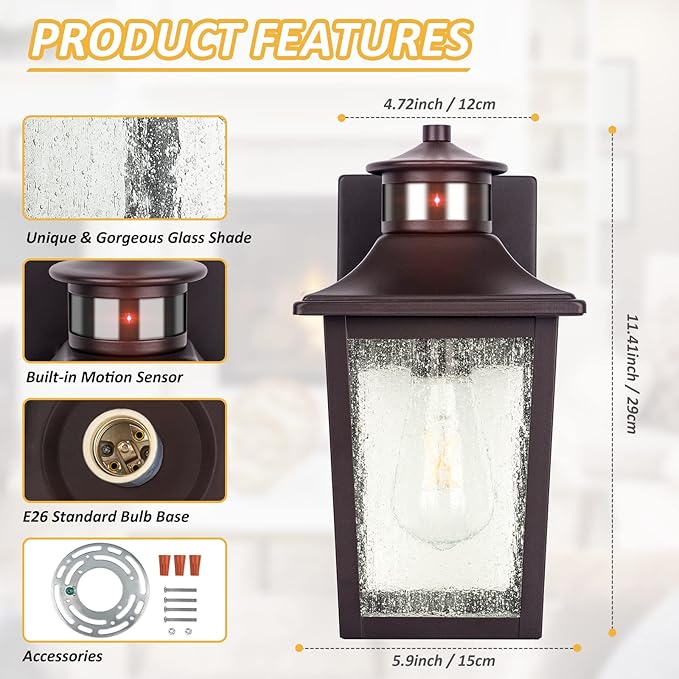 Oil Rubbed Bronze Motion Sensor Outdoor Lights 2 Packs - Waterproof Dusk to Dawn Outdoor Lighting, Brown Exterior Garage Light Fixture, Porch Light Outside Wall Mount for House, Front Door, Anti-Rust-VerdiqueGarden