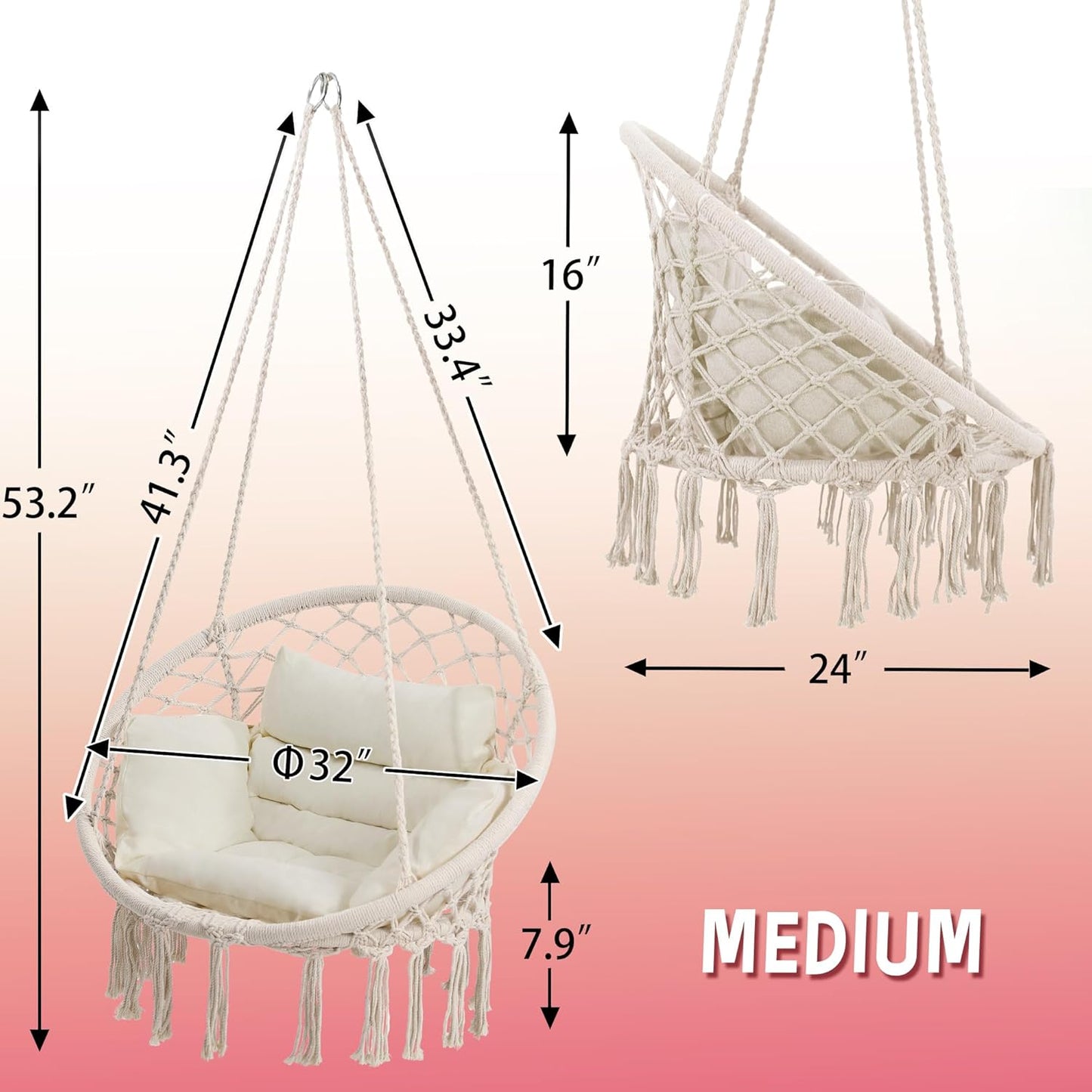 Macrame Hammock Hanging Swinging Chair with Medium Cushion, Perfect for Bedroom, Porch, Adults, Balcony, Beige-VerdiqueGarden