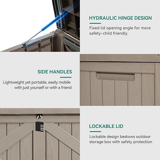 YITAHOME 120 Gallon Large Deck Box, Upgraded Resin Outdoor Storage Boxes w/Flexible Divider, Waterproof Cushion Storage Bench for Patio Furniture, Pool Supplies, Garden Tools - Lockable, Taupe-VerdiqueGarden