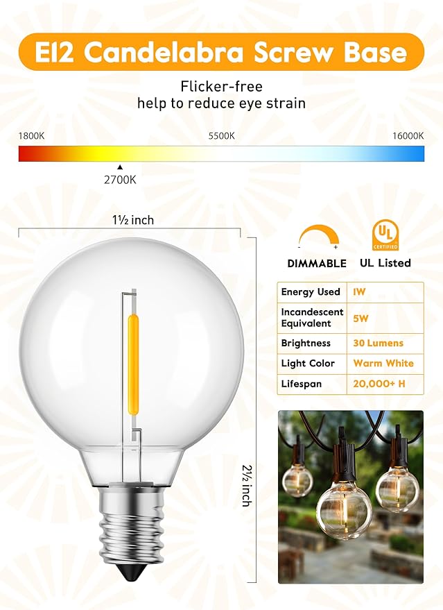 Brightown G40 Led Replacement Light Bulbs 1W Shatterproof Globe Bulb Fits E12 or C7 Candelabra Screw Base Sockets, 1.5 Inch Dimmable Light Bulbs for Indoor Outdoor Patio Decor, Warm White, 15 Pack-VerdiqueGarden