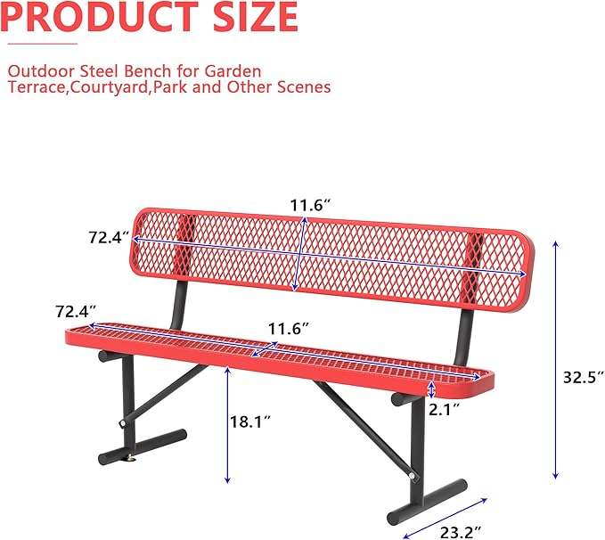 Heavy Duty Park Bench with Back Portable Frame, Outdoor Steel Bench with Backrest, Red Metal Bench Seat Expanded Metal Mesh Bench for Lawn, Park, Deck, Garden, Patio, Porch, Black (Red, 6FT)-VerdiqueGarden