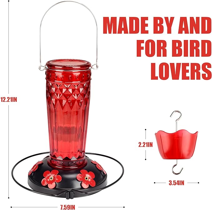 Hummingbird Feeder-16 Ounces，6 Feeding Ports Glass Hummingbird feeders for Outdoors,Wide Mouth for Easy Filling/Cleaning，Hanging for Garden Backyard Decor, Includes Ant Moat (Red)-VerdiqueGarden